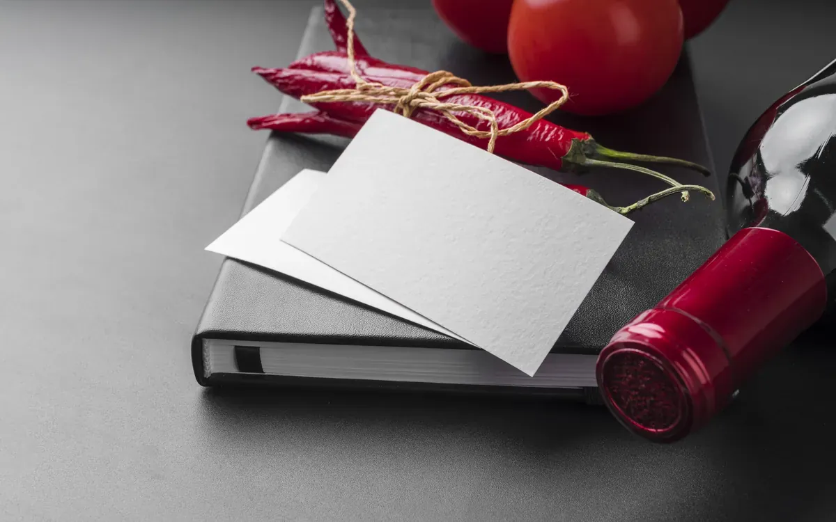Cartes de visite vierges posées sur un carnet noir, entre piments rouges et bouteille, mise en scène d'une identité de marque