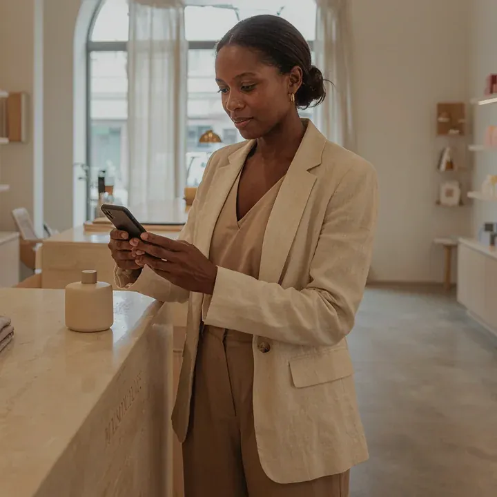 Black shop owner photographing a product with her smartphone in her bright, modern store