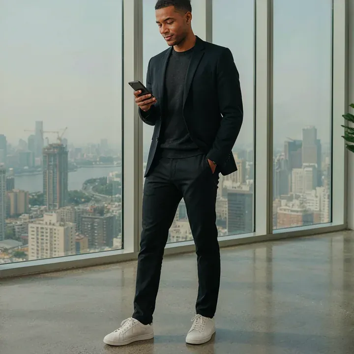 Young Black startup founder checking his smartphone in front of a window overlooking the city